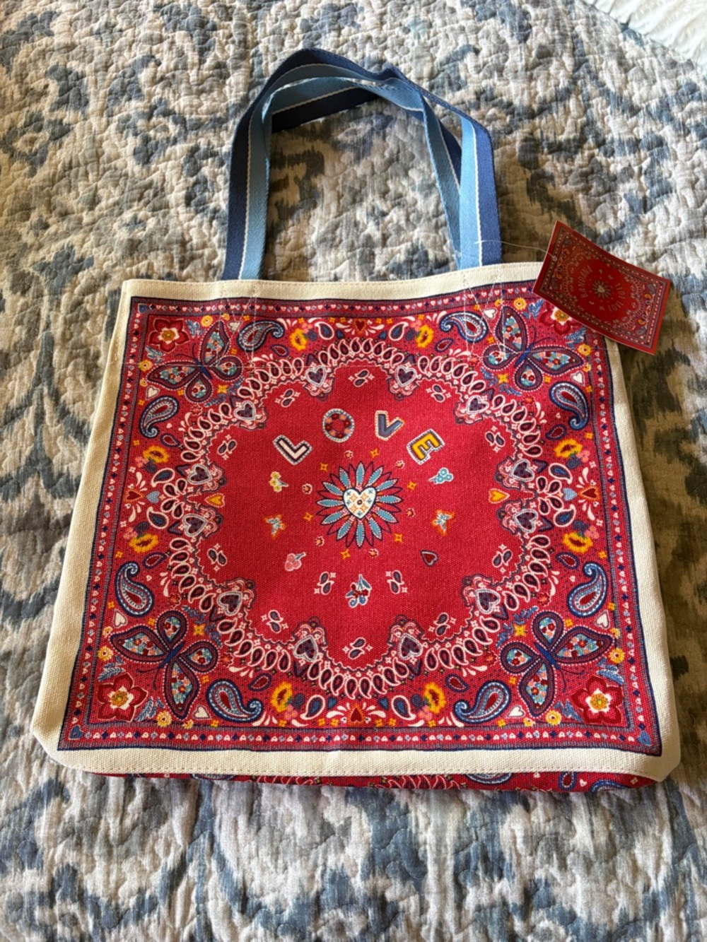 New Brighton Red Bandana-Print Tote with Blue Handles